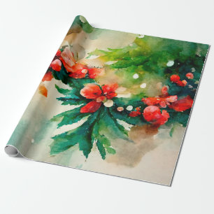 Papier Cadeau Baies rouges Verdure Noël Aquarelle florale