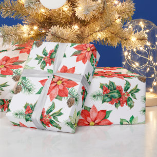 Papier Cadeau Baies vertes rouges Poinsettia Noël floral