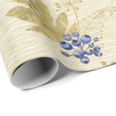 Papier Cadeau Baies violettes et feuilles dorées sur fond jaune  (Coin rond)