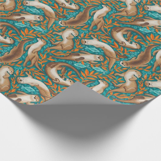 Papier Cadeau Baignade douce en Gouache Turquoise et orange (Coin)