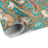 Papier Cadeau Baignade douce en Gouache Turquoise et orange (Coin rond)