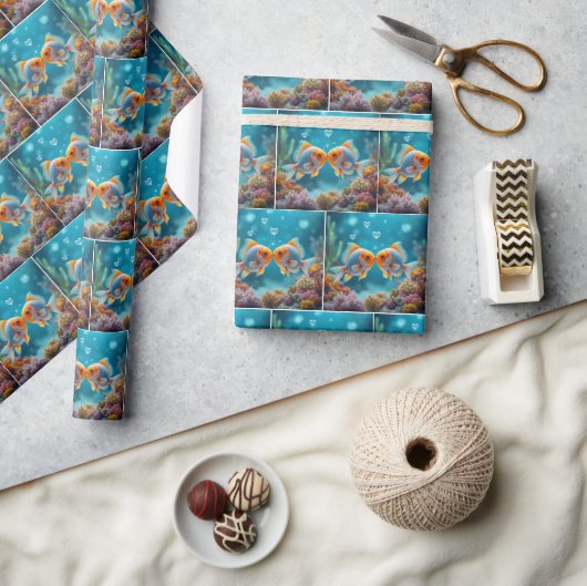 Papier Cadeau Baiser Poisson Océanique Avec Bulles Coeurs (Artisanat)