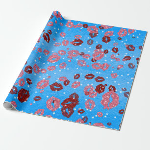 Papier Cadeau Baisers rouges et roses en bleu 2