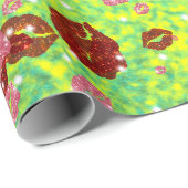 Papier Cadeau Baisers rouges et roses en vert (Coin rond)