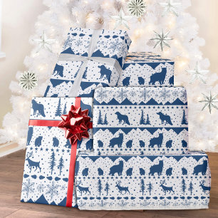Papier Cadeau Balai nordique Marine Bleu Animaux d'hiver Blanc