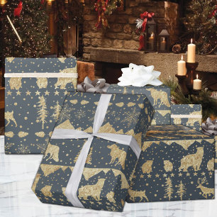 Papier Cadeau Balayage nordique Or Animaux d'hiver gris flanelle