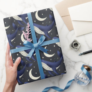 Papier Cadeau Baleine dans les étoiles avec la lune sur bleu fon