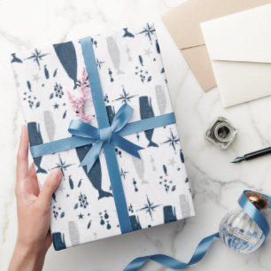 PAPIER CADEAU BALEINE DE SPERME BLANC BLEU AVEC TEXTURE