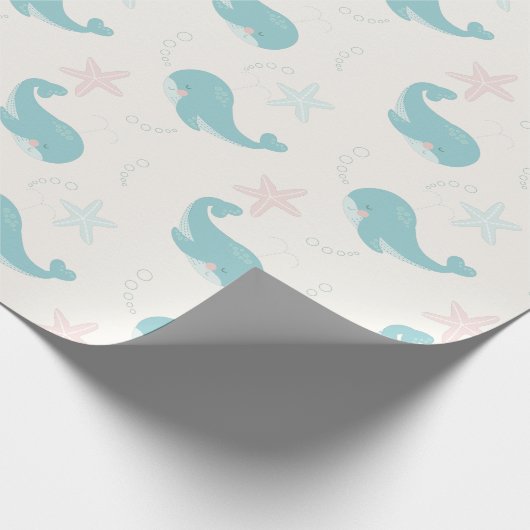Papier Cadeau Baleine et Motif de poisson étoilé Crème blanche (Coin)