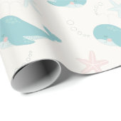Papier Cadeau Baleine et Motif de poisson étoilé Crème blanche (Coin rond)