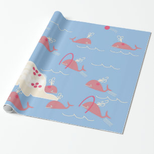 Papier Cadeau Baleine rose jouant dans l'océan bleu enfants mign