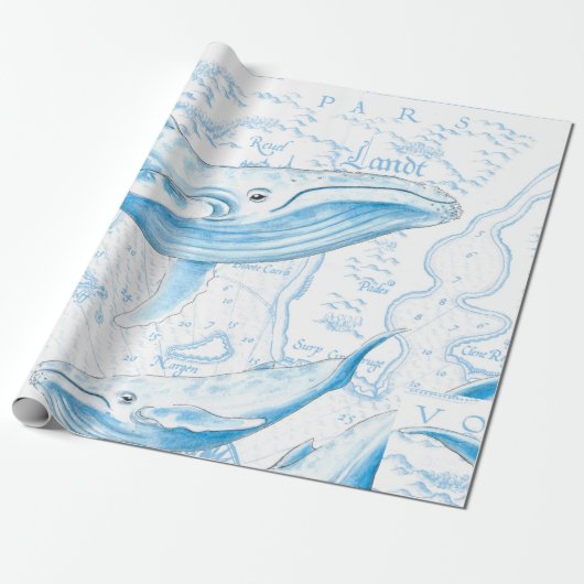 Papier Cadeau Baleines bleues Famille Blanc (Déroulé)