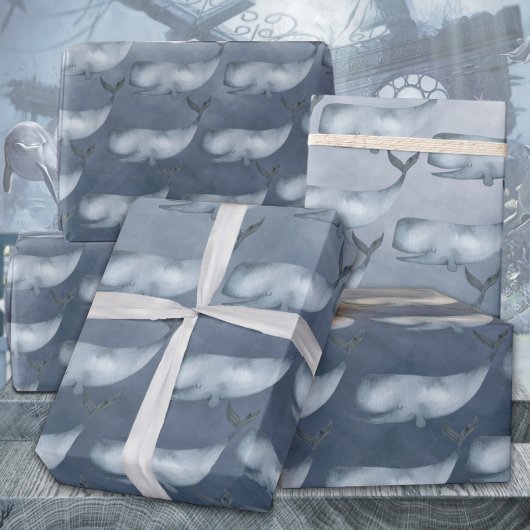 Papier Cadeau Baleines Bleues Sous L'Aquarelle Profonde De L'Océ