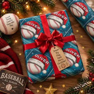 Papier Cadeau Balle de Baseball Chapeau de Père Noël Rouge Nom N