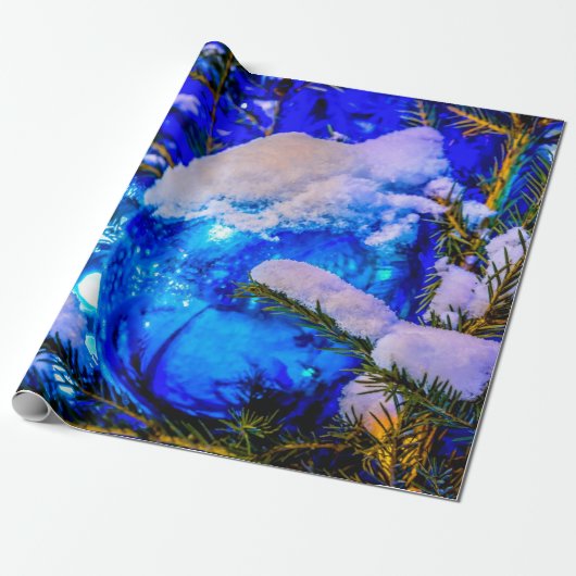 Papier Cadeau Balle de Noël bleue, Neige (Déroulé)