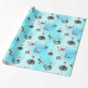 Papier Cadeau Ballerine à tutu aqua girly sur fond aqua