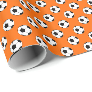 Papier Cadeau Balles de football noir/blanc sur fond orange