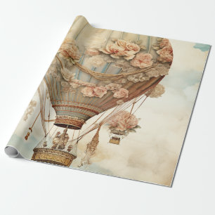 Papier Cadeau Ballon à air chaud vintage Steampunk Floral Blue (
