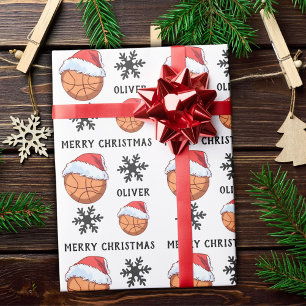 Papier Cadeau Ballon de basketball avec chapeau de Père Noël rou