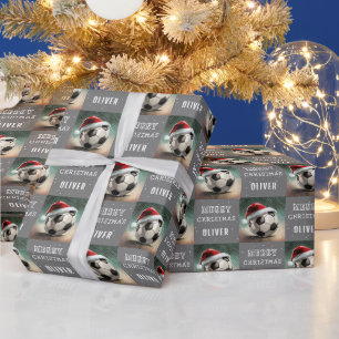 Papier Cadeau Ballon de Football avec un Chapeau de Père Noël Fu