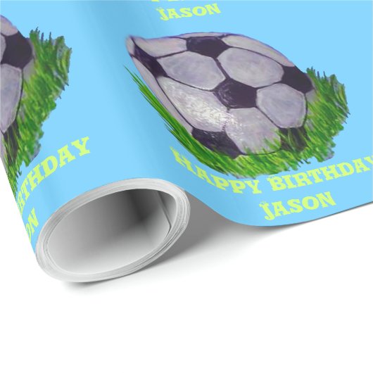 Papier Cadeau Ballon de football personnalisable sur l'herbe (Coin rond)