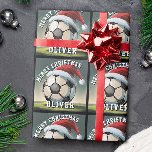 Papier Cadeau Ballon de Football Santa Chapeau Nom Noël