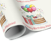 Papier Cadeau Ballons D'Anniversaire Colorés Avec Gâteau Et Prés (Coin rond)