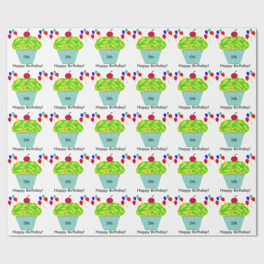 Papier Cadeau Ballons d'anniversaire Cupcake jaune vert (Plat)