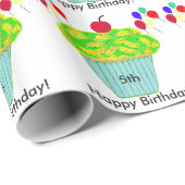 Papier Cadeau Ballons d'anniversaire Cupcake jaune vert (Coin rond)