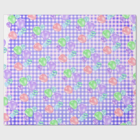 Papier Cadeau Ballons D'Anniversaire Sur Papier Violet En vichy  (Plat)