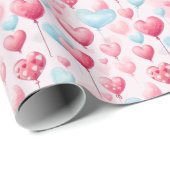 Papier Cadeau Ballons de coeur bleu et rose flottant (Coin rond)