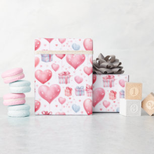 Papier Cadeau Ballons de coeur rose et boîtes cadeaux Aquarelle