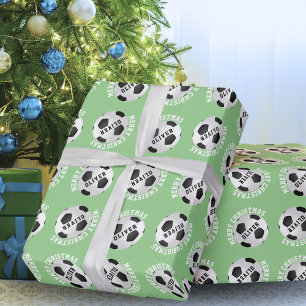 Papier Cadeau Ballons de Football Enfants Nom Vert Noël