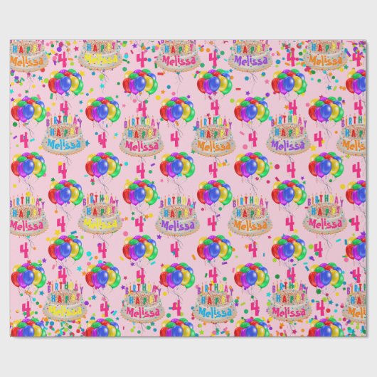 Papier Cadeau Ballons de gâteau d'anniversaire Personnalisez NOM (Plat)