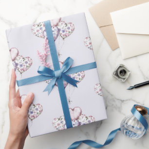 Papier Cadeau Ballons en forme de coeur floral violet lavande po