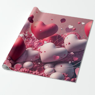 Papier Cadeau Ballons en forme de coeur rouge et rose