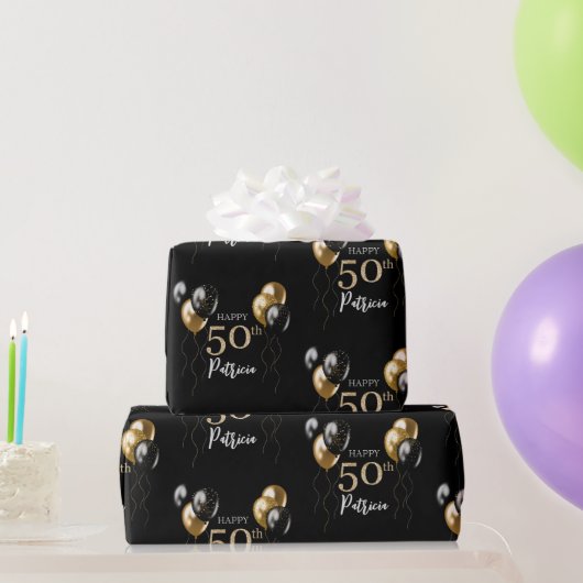 Papier Cadeau Ballons noirs et or Joyeux 50e anniversaire (Cadeaux de fête)
