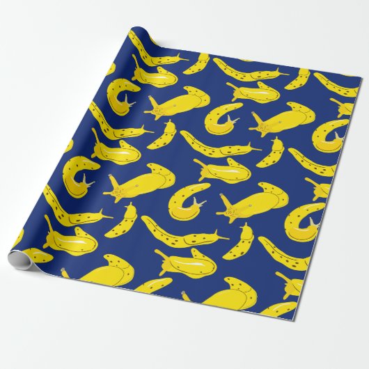 Papier Cadeau Banane bouts jaune vif, Royal Bleu motif (Déroulé)