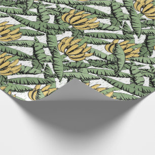 Papier Cadeau Bananes et Feuilles blancs exotiques