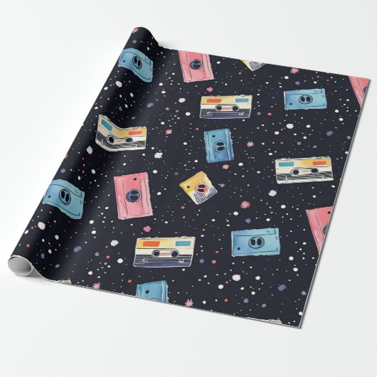 Papier Cadeau Bandes de cassettes rétro dans l'espace cosmique (Déroulé)