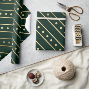 Papier Cadeau Bandes de Noël élégantes vertes et or