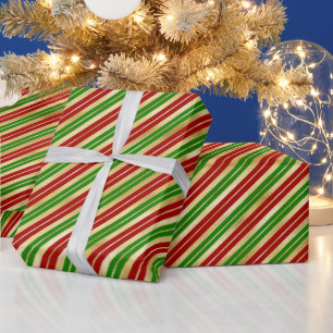 Papier Cadeau Bandes de Noël rouge, vert et or