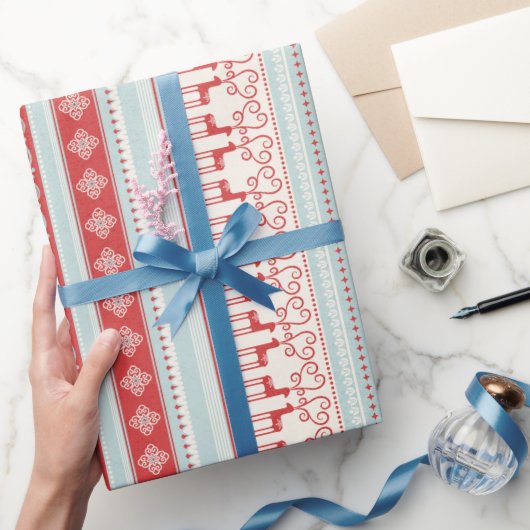 Papier Cadeau Bandes de rennes rouges turquoise de Noël (Cadeaux)