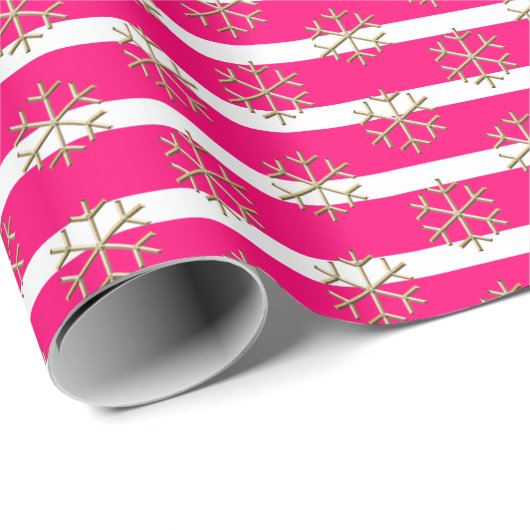 Papier Cadeau Bandes et flocons d'or blanc rose chaud chic (Coin rond)