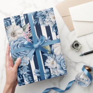 Papier Cadeau Bandes Florales Bleu Blanc Anniversaire