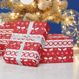 Papier Cadeau Bandes motifs rouges classiques et gants d'hiver n