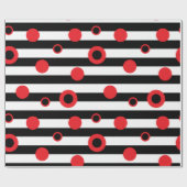 Papier Cadeau Bandes noires et blanches et cercles rouges motif (Plat)