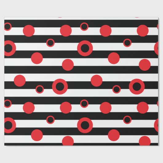 Papier Cadeau Bandes noires et blanches et cercles rouges motif (Plat)