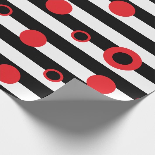 Papier Cadeau Bandes noires et blanches et cercles rouges motif (Coin)