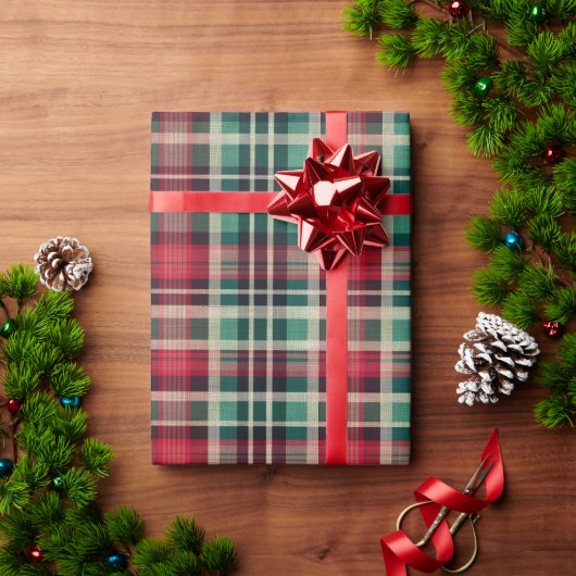 Papier Cadeau Bandes Plaid Vert Crème Rouge (Cadeau de vacances)